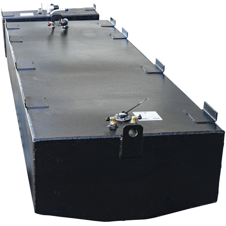 A long, rectangular boat fuel tank with a black coating, viewed from a front corner against a checkered background. A heavy-duty mounting bracket with a circular hole is centered on the front face, which features prominent vertical welding beads. Multiple L-shaped tabs line the top edges, and the front bottom edge is cut into a shallow V-shape. The top surface is equipped with a fuel sending unit and other fittings
