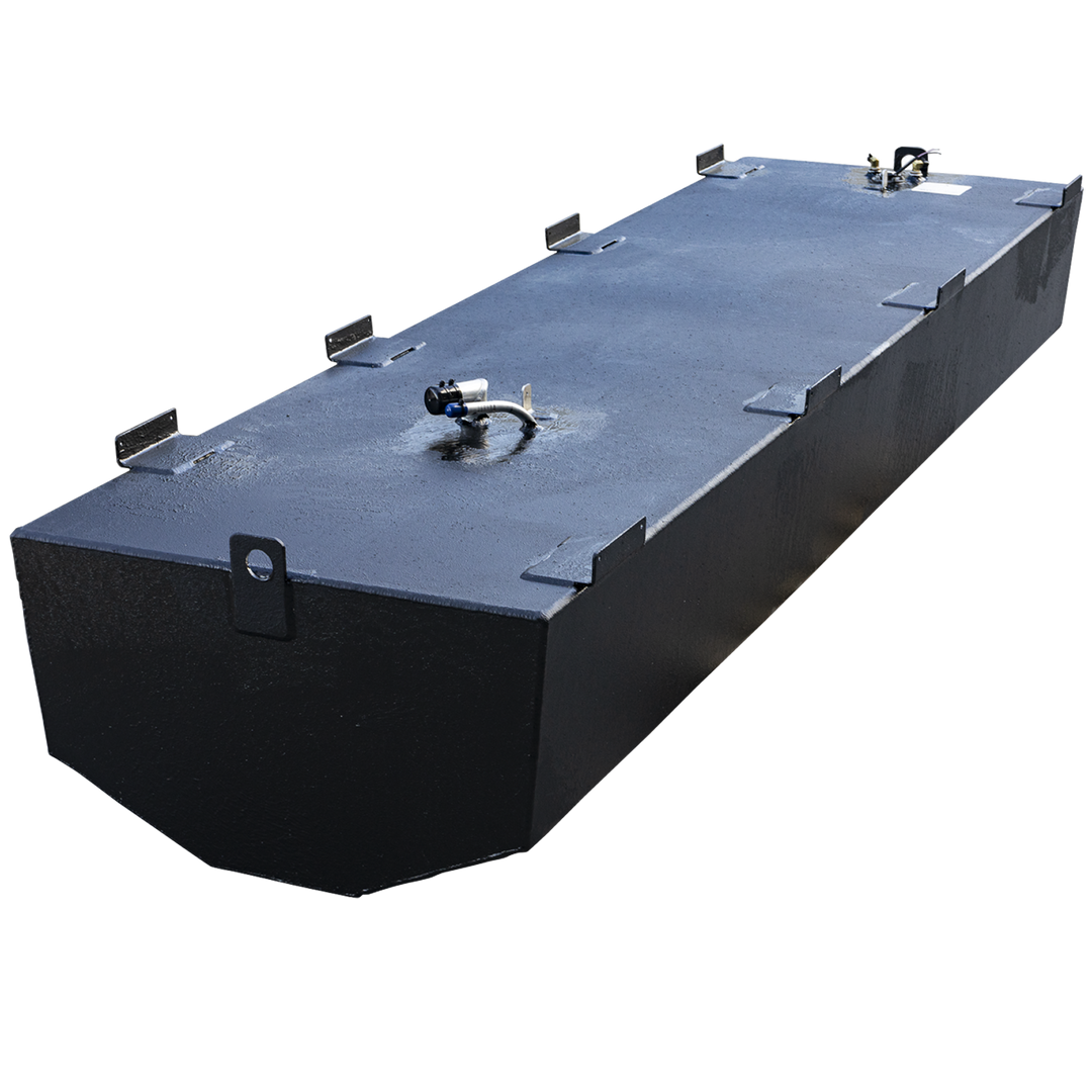 A long, rectangular boat fuel tank with a black protective coating, viewed from a high three-quarter angle. The belly-style tank has an angled front bottom edge, multiple smaller mounting tabs along the top sides, and a larger, heavy-duty mounting bracket on the front corner. A fuel hose fitting with a blue cap is visible on the top surface near the front, while a fuel pickup and sending unit assembly is located further back. The tank is presented on a checkered black and grey background
