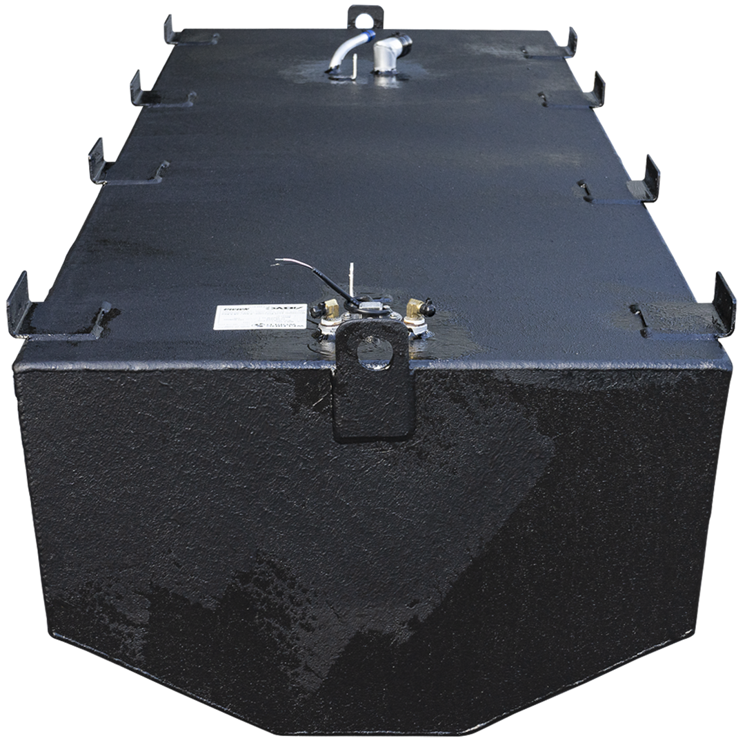 A frontal view of a black boat fuel tank with a textured, protective coating, set against a checkered background. The camera looks down slightly, highlighting a heavy-duty mounting bracket with a circular hole centered on the front face. Directly behind the bracket, on the tank's top surface, is a fuel sending unit assembly with two fittings, a wire, and a white label. The angled, V-shaped bottom of the belly tank is clearly visible from this perspective