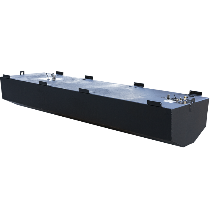 A full-length, three-quarter profile view of a long, rectangular boat fuel tank with a black protective coating. A series of flat mounting tabs lines the entire top edge of the tank's side, and its angled, V-shaped bottom is visible along its full length. The front of the tank in the foreground shows a heavy-duty mounting bracket and fuel sending unit, while another fuel fitting can be seen at the far end. The entire tank is displayed against a checkered black and grey background