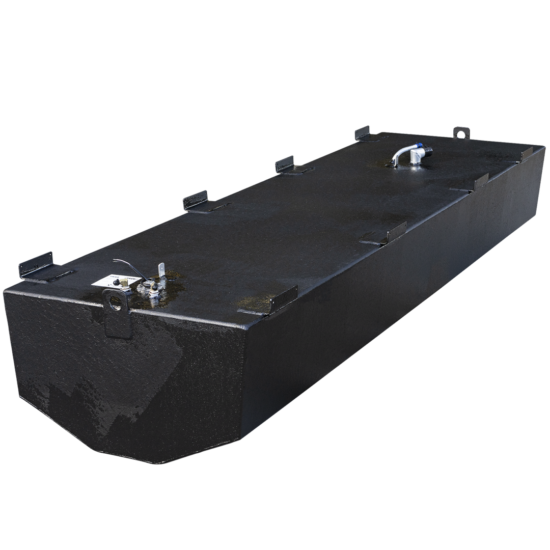 A long, rectangular, black-coated marine fuel tank is shown from a three-quarter angle against a checkered, non-descript background. This belly-style tank, designed as an OEM replacement for a Mako 261B boat, features multiple welded mounting tabs along its top edges for installation. A fuel sending unit with a visible wire is mounted on the top surface in the front corner, with another fitting visible toward the rear of the tank.