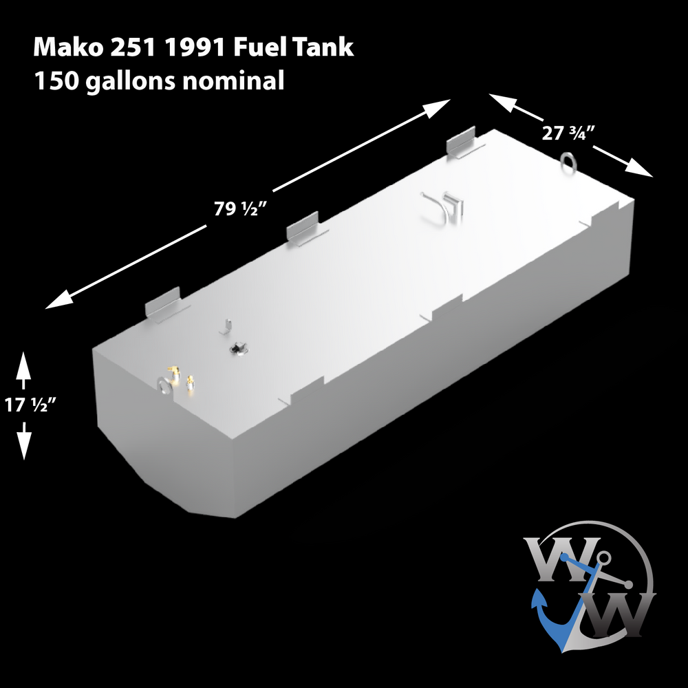 A silver, rectangular fuel tank with a slightly curved bottom, labeled "Mako 251 1991 Fuel Tank 150 gallons nominal." Its dimensions are 79 1/2 inches long, 27 3/4 inches wide, and 17 1/2 inches high. Various fittings and brackets are visible on its top surface. A white and blue "WW" logo with an anchor is in the bottom right corner