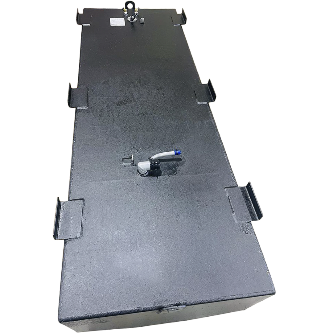 A dark grey, irregularly shaped metal tank with a textured surface is shown from an elevated perspective against a black and grey checkered background. The tank's top features several L-shaped mounting brackets along its edges, and various fittings, including a white, curved pipe with a blue tip, and a cluster of nozzles and a white label at one end. The bottom edge of the tank is slightly curved