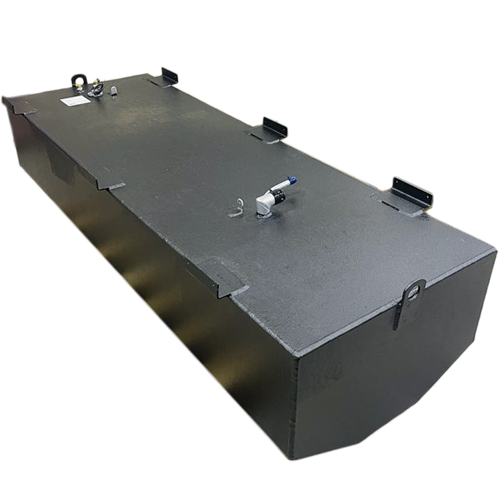 A dark grey, irregularly shaped metal tank with a textured surface is depicted against a black and grey checkered background. The tank features various nozzles, ports, and what appear to be mounting brackets and handles on its top surface. The bottom edge of the tank is slightly curved