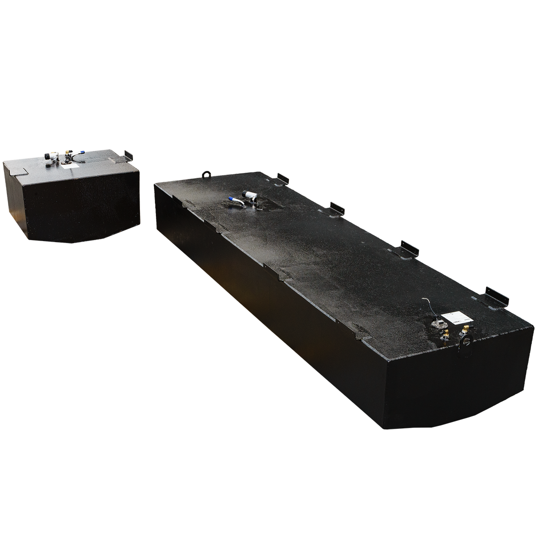 OEM replacement bow and belly fuel tank combo kit for Mako 282, featuring a 193-gallon and a 47-gallon tank, displayed against a transparent background
