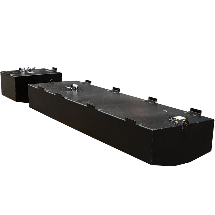 OEM replacement bow and belly fuel tank combo kit for a 2000 Mako 282, featuring two black tanks with fittings on top