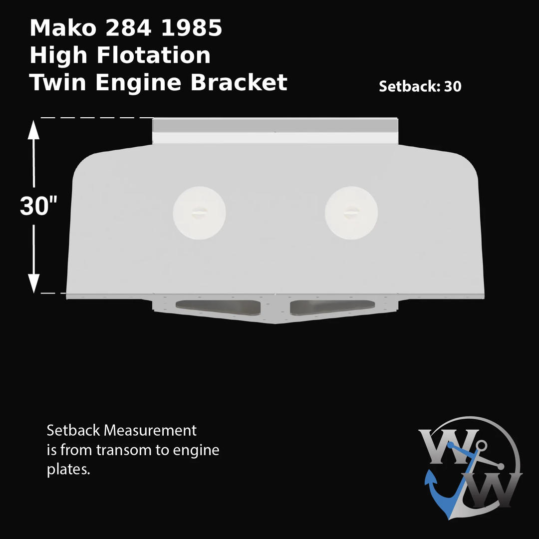 Diagram of a Mako 284 1985 High Flotation Twin Engine Bracket, featuring a top view with dimensions indicating a 30-inch setback from the transom to the engine plates