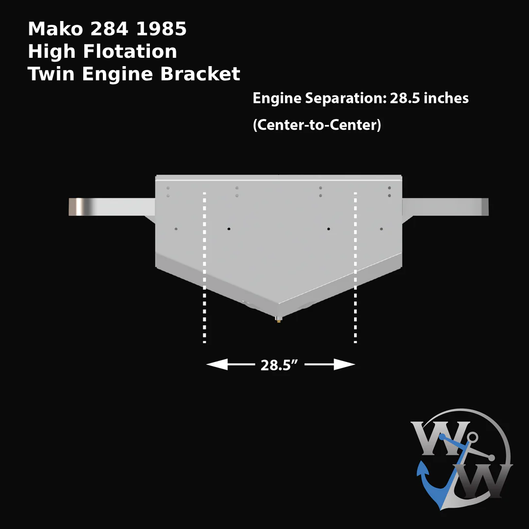Diagram of a Mako 284 1985 High Flotation Twin Engine Bracket, featuring a white silhouette on a black background. The image includes measurements indicating an engine separation of 28.5 inches from center to center