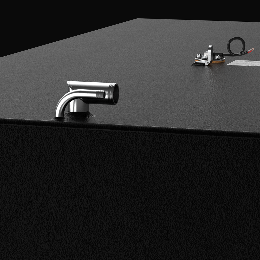 Close-up macro view detailing the forward deck hardware and fittings on a custom marine aluminum fuel tank system. The image focuses on a welded stainless steel 90-degree fuel fill pipe assembly paired alongside an integrated vent line connection, set against a textured black TarGard epoxy coating over heavy-duty marine-grade 5052-H32 aluminum. In the background, a center-mounted electronic fuel level sending unit with wired connections, a grounding tab, and a partial view of the official certification spec