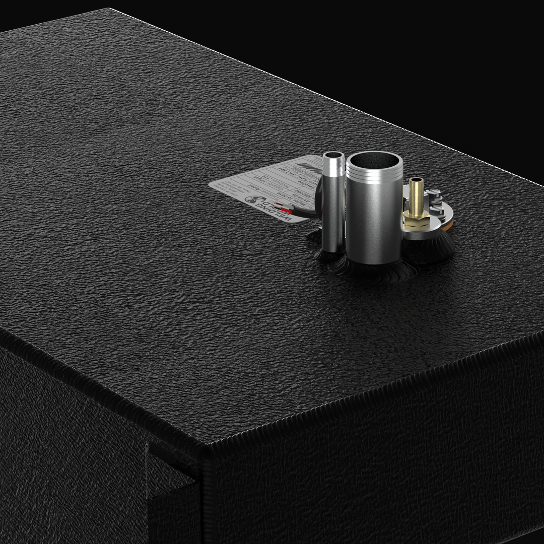 Side profile of the 17-gallon Mojito 16 (2010) fuel tank showing the slim 6-inch height and heavy-duty Coal Tar Epoxy coating. Designed to fit the shallow bilge of a 16-foot skiff, this OEM replacement (CAD #12435-1) includes precision-welded mounting tabs and 5052-H32 marine aluminum construction for maximum durability.