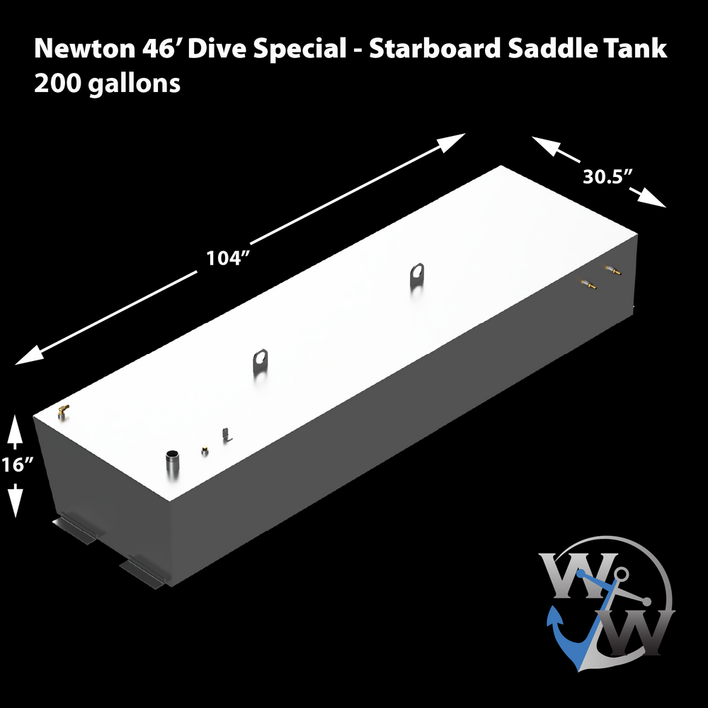 A white Newton 46' Dive Special Starboard Saddle Tank, 200 gallons, with dimensions 104" long, 30.5" wide, and 16" high. The image also shows a "W" logo with an anchor