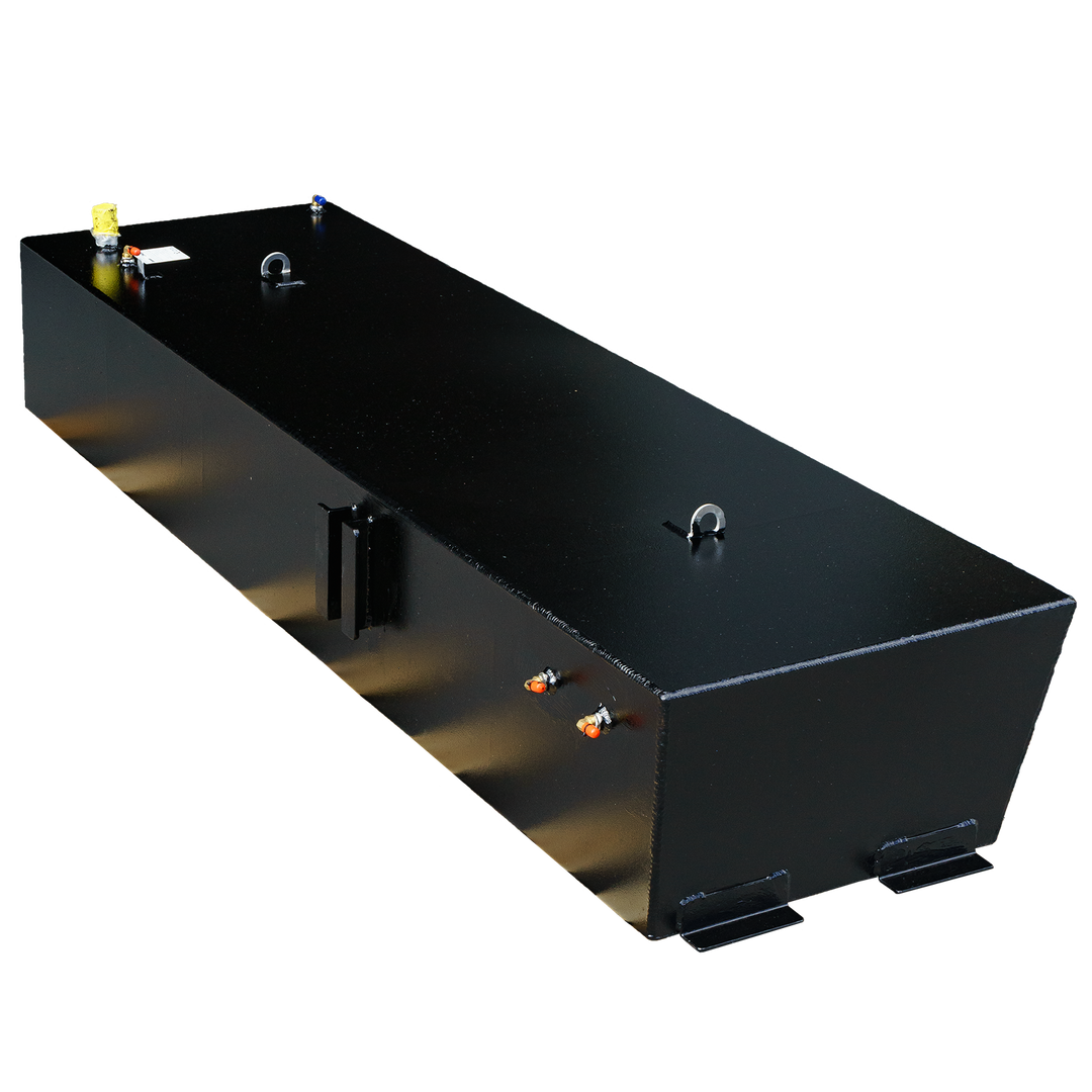 A black, rectangular Newton 46' Dive Special OEM replacement 200-gallon diesel saddle tank with visible valves and hooks