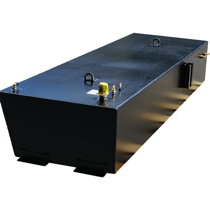 A black, rectangular Newton 46' Dive Special - 200 gal. OEM Replacement Diesel Saddle Tank with various fittings and two handles on top, set against a transparent background