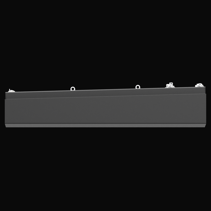 A professional 3D studio render of a matte charcoal-grey marine fuel tank for a Nort-Tech 360, shown from a high-angle isometric perspective against a solid black background. The tank features a stepped rectangular design with several silver metallic hardware components on the top surface, including threaded intake ports, valves, and two centered L-shaped mounting brackets.