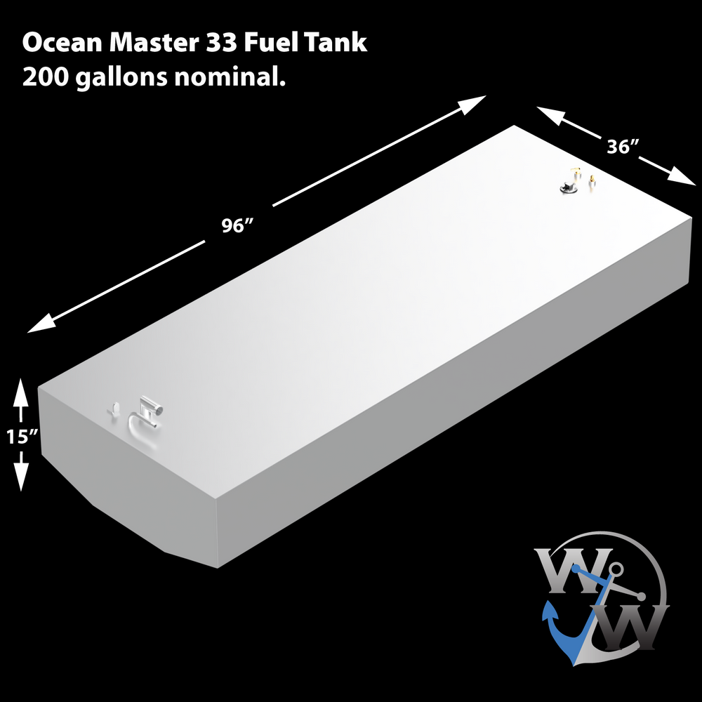Schematic rendering of a 200-gallon aluminum belly fuel tank designed for the Ocean Master 33 center console. The tank measures 96″ in length, 36″ in width, and 15″ in height, with a low-profile rectangular footprint for hull integration. Topside fittings are positioned for optimized fuel delivery and return line routing, ensuring compatibility with OEM specifications. Built to ABYC and Coast Guard standards, the tank features robust .190″ 5052-H32 aluminum construction and layout geometry suited for center