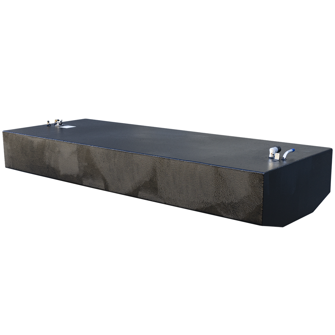 200-gallon aluminum belly fuel tank with a matte black finish, custom-built for the Ocean Master 33 center console. The top surface hosts a blue-handled shutoff valve, dual brass return fittings, and a centrally mounted electrical sender unit with black harness wiring. A white certification label confirms .190″ 5052-H32 marine-grade aluminum construction and compliance with ABYC and U.S. Coast Guard fuel system standards. Clean geometry and balanced hardware layout support seamless OEM replacement