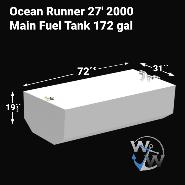Ocean Runner 27 2000 main fuel tank with 172-gallon capacity and 40.96-gallon water tank for marine use