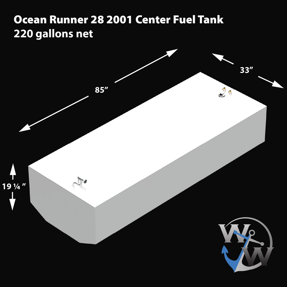 2001 Ocean Runner 28 with a 62-gallon port saddle fuel tank, offering durable and efficient fuel storage for offshore use