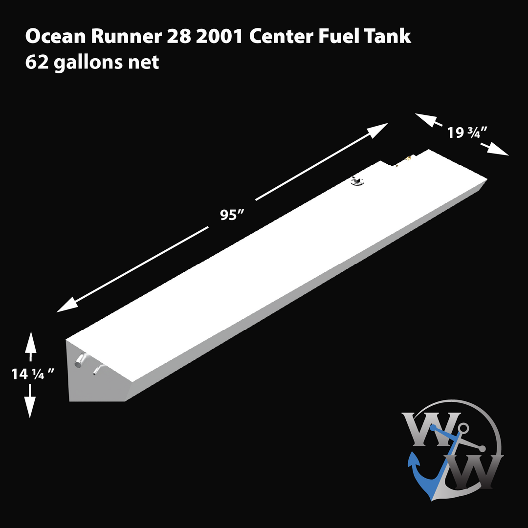 2001 Ocean Runner 28 with a 62-gallon port saddle fuel tank, offering durable and efficient fuel storage for offshore use
