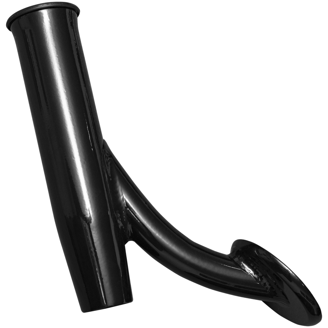 A pair of black offset rod holders, featuring a sleek, curved design with a cylindrical top and a bent lower section for secure rod placement. The holders have a glossy finish and are displayed against a transparent background