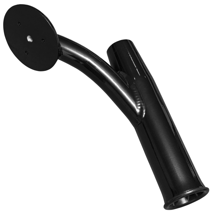 A pair of black offset rod holders featuring a curved design with a circular mounting plate at the top and a cylindrical base for secure attachment. The holders are designed for fishing rods, providing an angled position for optimal rod placement