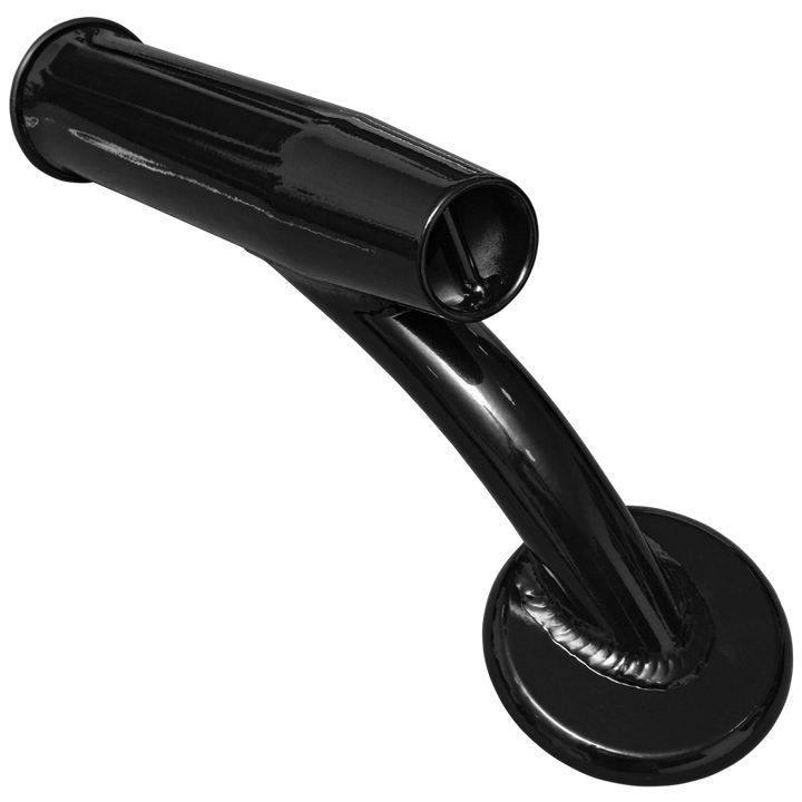 A close-up image of a black offset rod holder, featuring a curved design with a cylindrical opening at the top and a circular base for mounting. The background is a transparent grid pattern