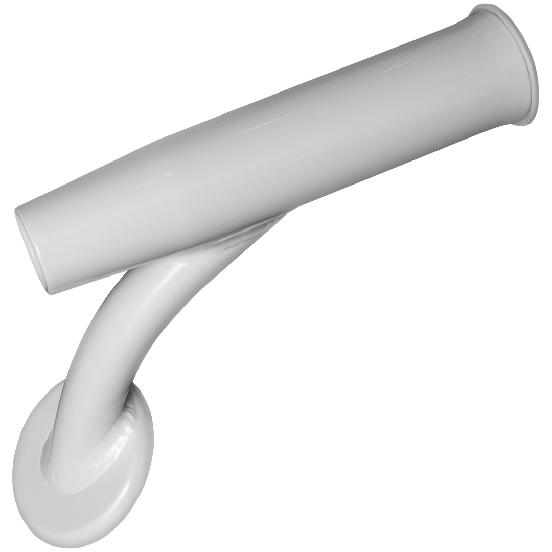 A pair of white offset rod holders, featuring a curved design with a cylindrical opening at one end and a flat base for mounting. The holders are shown against a transparent background