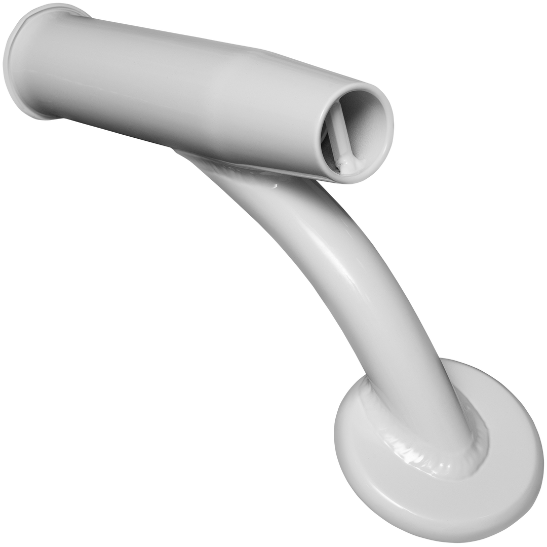 A pair of white offset rod holders featuring a curved design with a cylindrical opening at the top and a circular base for mounting. The holders are shown against a transparent background