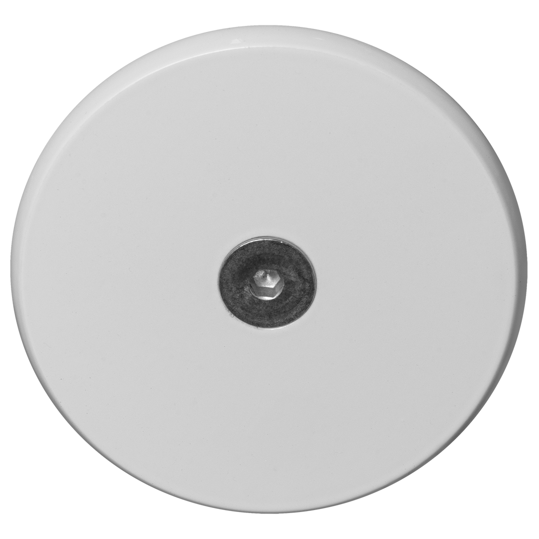 A pair of white offset rod holders, featuring a circular design with a central mounting hole, suitable for securing fishing rods or similar equipment