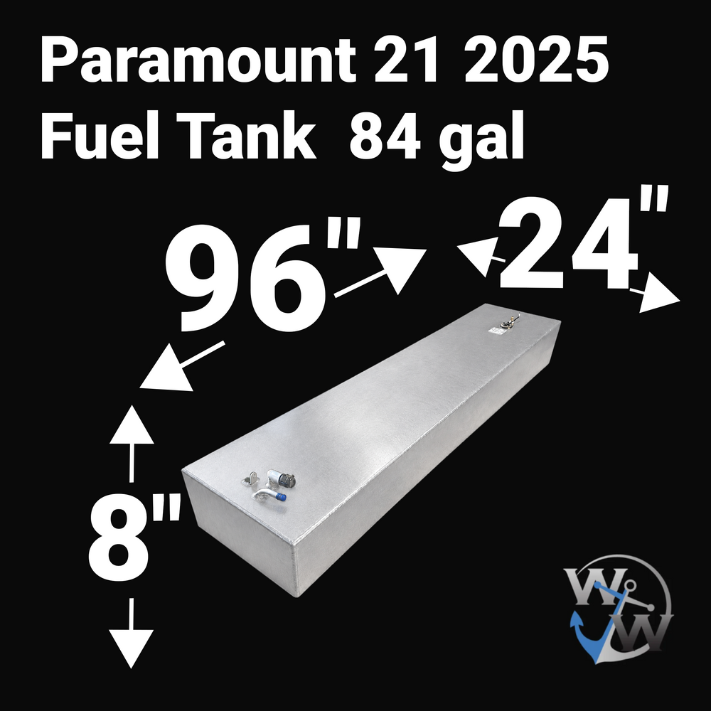 A studio product diagram displaying exact dimension specifications for a finished bare aluminum Paramount 21 2025 OEM replacement marine fuel tank (84 gal) from file image_c20923.jpg, isolated against a black background. The isometric view highlights the slim, low-profile hull configuration with bold white measurement arrows indicating key overall dimensions: 96 inches in length, 24 inches in width, and 8 inches in total height. Precision-fabricated from heavy-gauge .190" marine-grade 5052-H32 aluminum, top