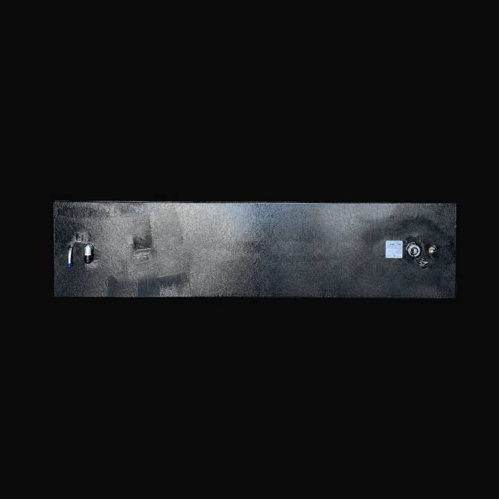 A studio top-down plan view displaying the deck configuration and full 96-inch length of a physical, finished black encapsulated Paramount 21 2025 OEM replacement marine fuel tank (84 gal) from file image_c2105f.jpg, isolated against a black background. Precision-fabricated from heavy-gauge .190" marine-grade 5052-H32 aluminum, the rectangular body is fully encapsulated in a protective, textured black TarGard epoxy coating to resist severe saltwater pitting and bilge moisture decay. Top deck hardware arrang