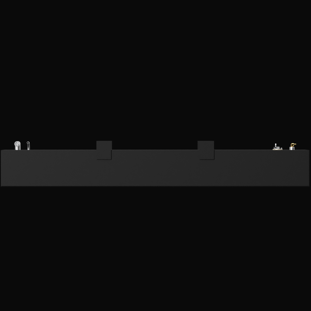A 3D render showing a long side profile of a dark grey boat fuel tank, highlighting the various fittings and two indented mounting tabs visible along the top edge, against a black background.