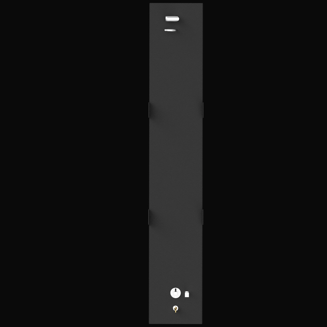 A direct top-down 3D render of a very long, rectangular, dark grey boat fuel tank, showing various fittings and four mounting tabs on its top surface, against a black background.