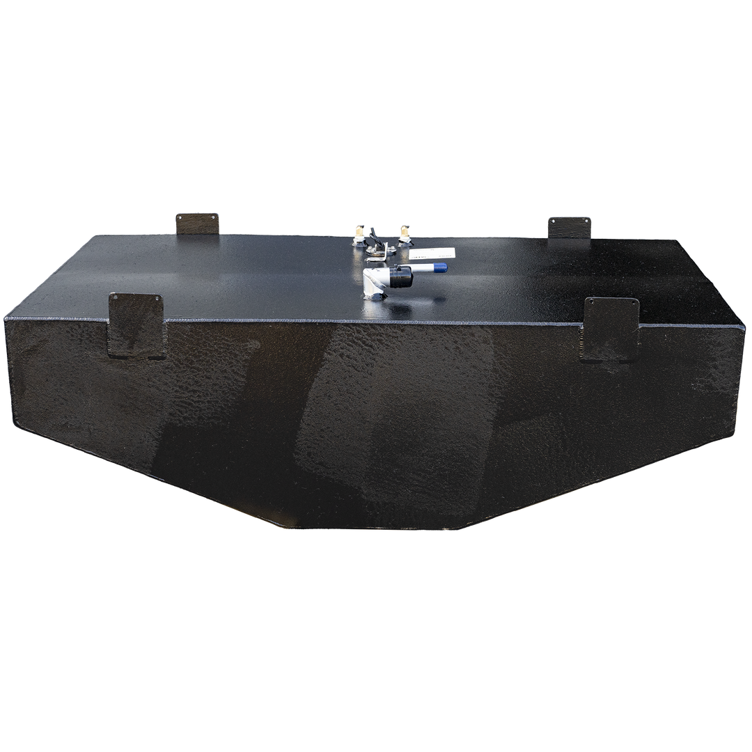 A black, rectangular fuel tank with a textured surface is presented against a black and grey checkerboard background. The tank is viewed from an angled front perspective, showcasing its top surface with various fittings, including two brass-colored valves, a white label, and a white and blue hose connection. Several black, rectangular mounting brackets are visible along the top edges and sides of the tank. The bottom of the tank has angled corners