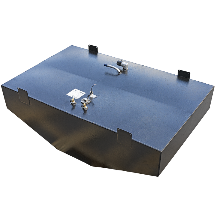 A black, rectangular fuel tank with a 100-gallon capacity, designed for a Parker 21' DV / WA 1996 boat, is depicted against a black and gray checkerboard background. The tank's top surface features various fittings, including a brass-colored valve, a white label, and a silver-colored tube-like attachment. Several black, rectangular mounting brackets protrude from the tank's top edges. The tank has a slightly textured appearance