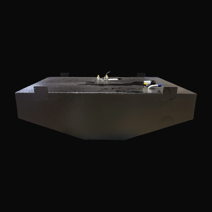 A studio front-facing end perspective view showcasing the custom hull deadrise angle of a physical, finished black encapsulated Parker 2120 Sport Cabin OEM replacement marine fuel tank (102 gal 2003) from file image_bc6c05.jpg, isolated against a black background. Precision-fabricated from heavy-gauge marine-grade 5052-H32 aluminum, the custom V-bottom body is fully encapsulated in a protective, textured black TarGard epoxy coating to resist severe saltwater pitting and bilge corrosion. Four heavy-duty, upr