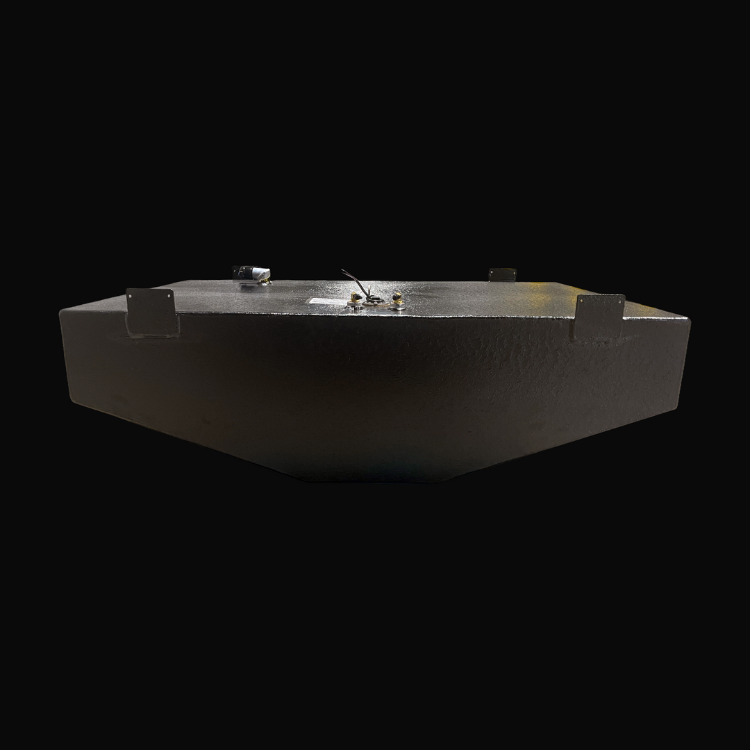 A studio head-on cross-sectional profile view showcasing the custom hull deadrise angle of a physical, finished black encapsulated Parker 2120 Sport Cabin OEM replacement marine fuel tank (102 gal 2003) from file image_bdc8a5.jpg, isolated against a black background. Precision-fabricated from heavy-gauge marine-grade 5052-H32 aluminum, the custom V-bottom body is fully encapsulated in a protective, textured black TarGard epoxy coating to prevent severe saltwater pitting and corrosion. Four pre-drilled, heav