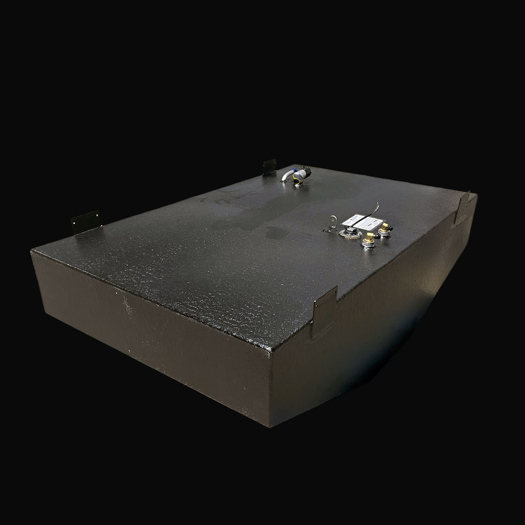 A studio high-angle isometric view displaying the full main deck layout of a physical, finished black encapsulated Parker 2120 Sport Cabin OEM replacement marine fuel tank (102 gal 2003) from file image_bc683d.jpg, isolated against a black background. Precision-fabricated from heavy-gauge marine-grade 5052-H32 aluminum, the wide low-profile body is fully encapsulated in a protective, textured black TarGard epoxy coating to resist severe saltwater pitting and bilge moisture decay. Four heavy-duty pre-drilled