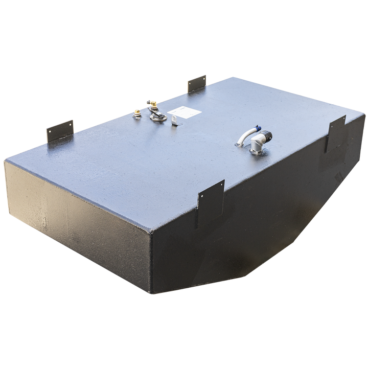A textured, dark gray, rectangular fuel tank with multiple mounting brackets along its perimeter. The top surface features various fittings, including a white and blue hose connection, a circular gauge with wires, and a small white label. The bottom edge of the tank has a subtle curve