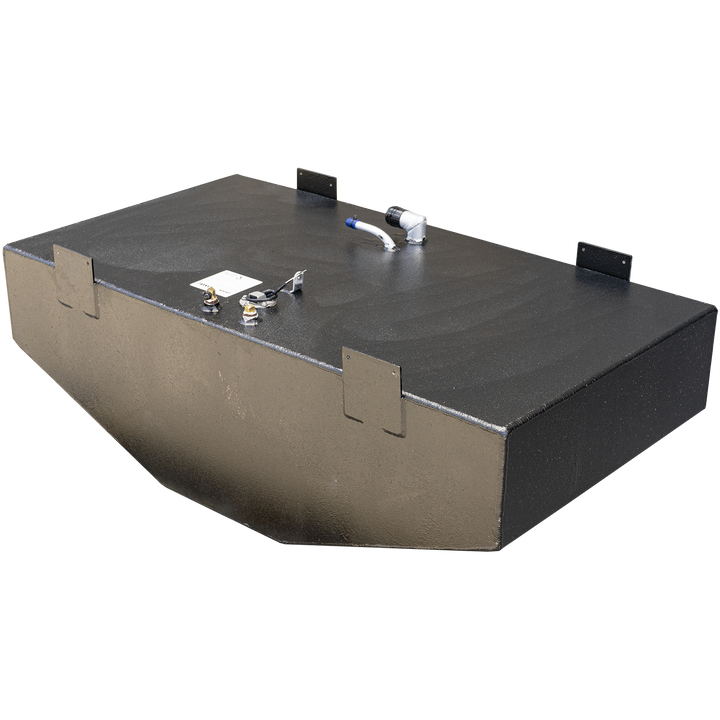 A dark gray, rectangular boat fuel tank with a textured surface on top and smooth, light brown sides. It features several mounting brackets, some of which are integrated into the tank's design. Various metal fittings, including a white and blue hose connection, two small golden nozzles, and a circular gauge with wires, are visible on the top surface. The bottom edge of the tank has a subtle curve