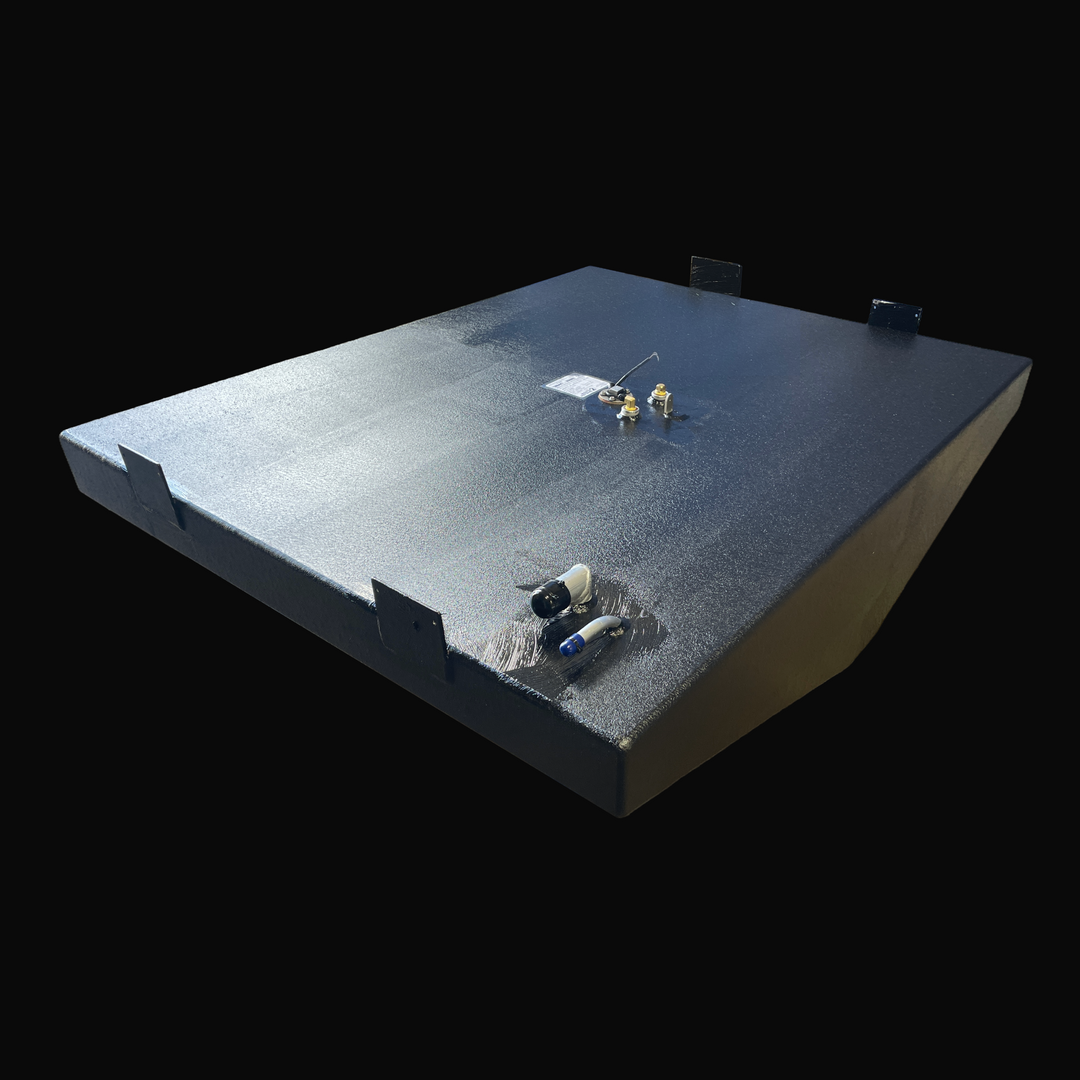 A high-angle isometric perspective view of a black Parker 23 replacement marine fuel tank from file image_97e0b2.jpg, isolated against a black background. This dimensional view showcases the wide, low-profile rectangular geometry of the high-capacity 140-gallon center-hull fuel cell, featuring an angled bottom profile engineered by Welding World to conform perfectly to the vessel's hull deadrise. Precision-fabricated from heavy-gauge marine-grade 5052-H32 aluminum, the structural tank body is completely enc