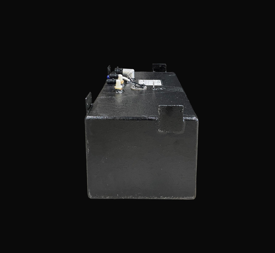 Front-facing profile of a 22-gallon Parker 2301 water tank showcasing the structural integrity and thick Coal Tar Epoxy coating. The view highlights the tank's rectangular cross-section, precision-welded mounting brackets, and the specific layout of top-mounted plumbing fittings, ensuring a guaranteed OEM fit within the hull's stringer grid.