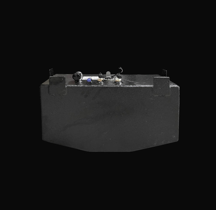 Front-facing profile of a 22-gallon Parker 2301 water tank replacement, highlighting the hull-conforming V-bottom geometry and thick Coal Tar Epoxy coating. The image showcases the precision-welded mounting tabs and top-mounted plumbing ports, engineered for a guaranteed OEM fit and maximum corrosion resistance within the boat's internal stringer grid.