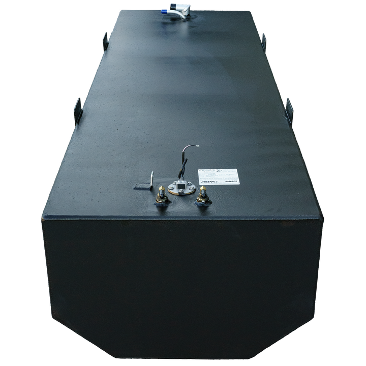 A black, rectangular fuel tank with a textured surface, a beveled bottom corner, and various fittings including a fuel sender and hose connection, against a checkered background