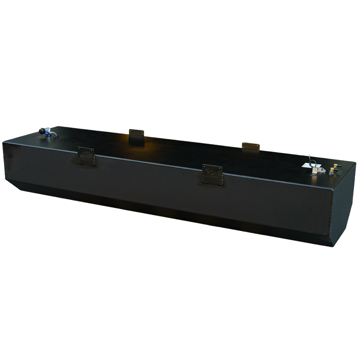 A long, rectangular black fuel tank with a beveled corner, mounting brackets, and various fittings on its top surface, against a checkered background