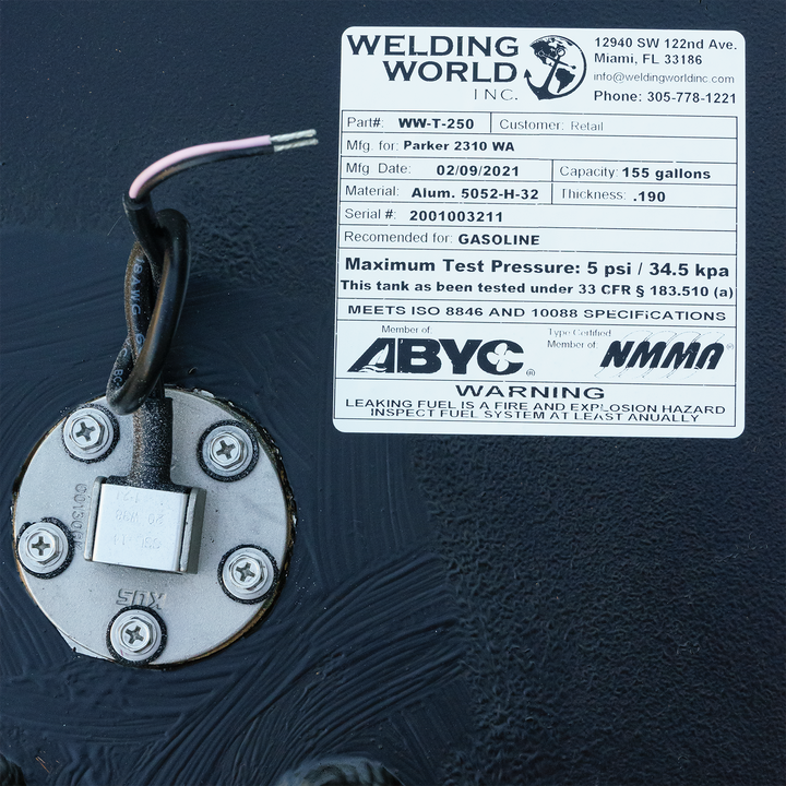 A white product label from Welding World Inc. detailing specifications for a 155-gallon fuel tank for a Parker 2310 Walkaround 1994, with manufacturing details, material, and safety certifications