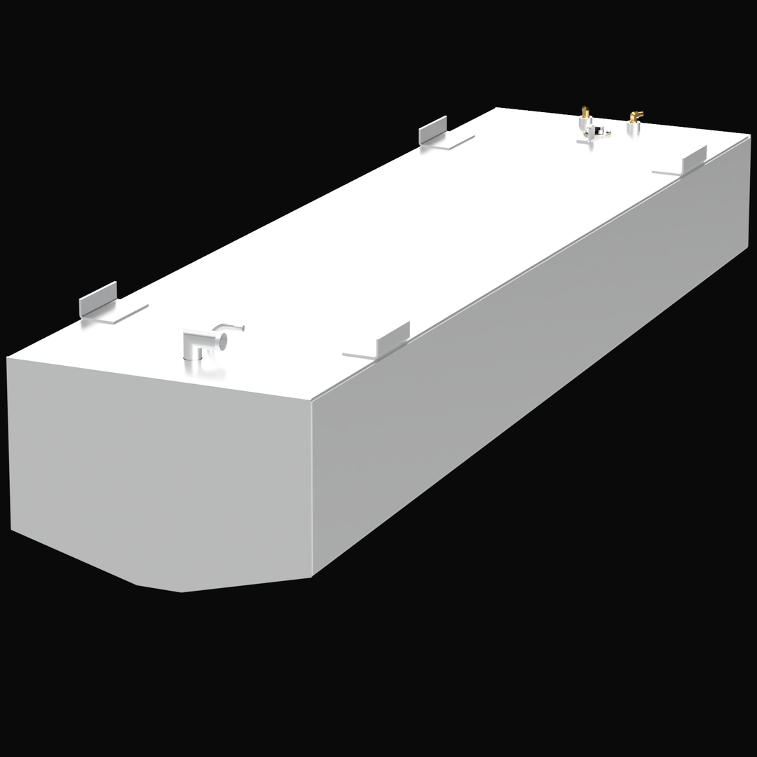 A 3D render of the Parker 2510 156-gallon 2001 Built to OEM Specs fuel tank, showing the long, light grey tank with fittings and four mounting brackets on its top surface, against a black background.