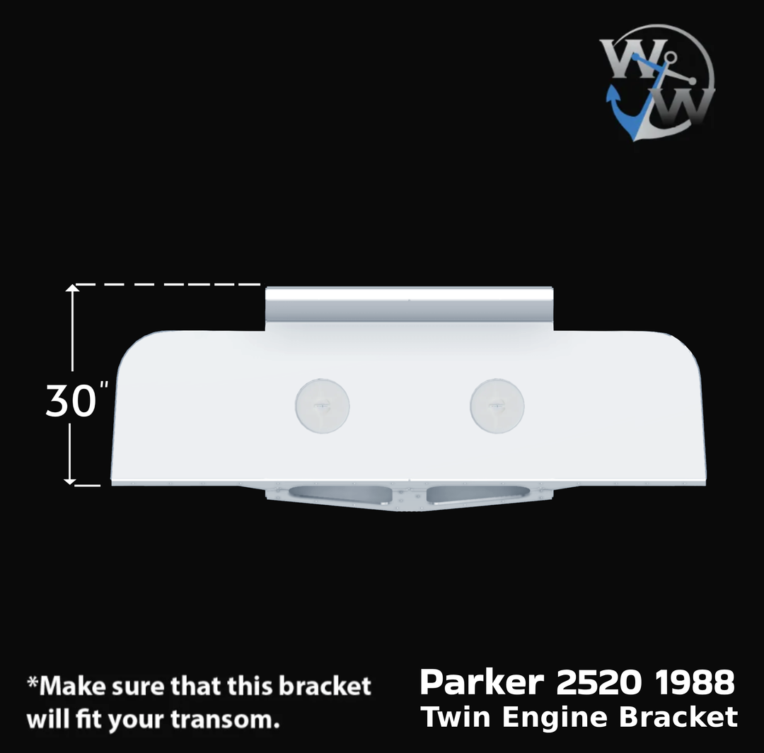 Illustration of a Parker 2520 1988 Twin Engine Bracket, featuring a top-down view with dimensions indicating a width of 30 inches. The bracket is designed to fit on a transom