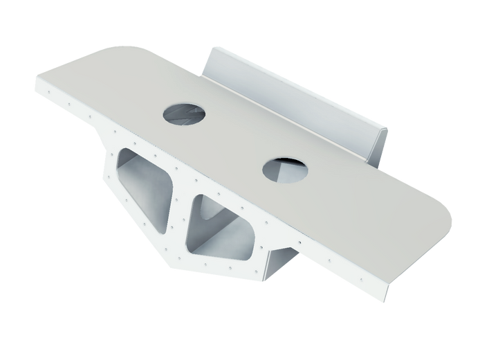 3D rendering of a Parker 2520 1988 twin engine bracket, featuring a white, angular design with multiple holes for mounting, set against a transparent background