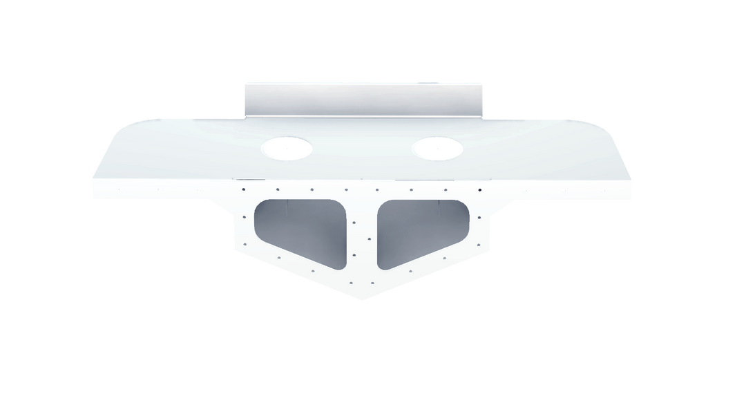 White twin engine bracket for a Parker 2520 boat from 1988, featuring two cut-out openings for engine mounting, set against a transparent background